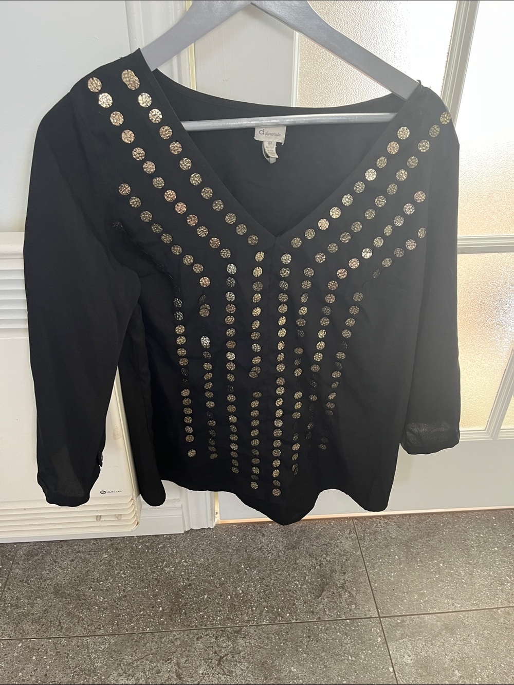 Dynamite Black V-Neck Blouse with Gold Stud Accents